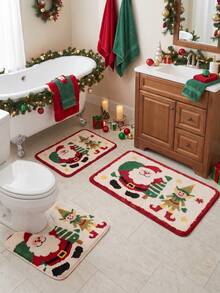 1pc/3pcs Christmas Series Santa Claus Pattern Bathroom Rug Set, Velvet Material, Kitchen Bathroom Bedroom Washable Floor Carpet Decor, Christmas Decoration, Set Includes Bath Mat, U-Shaped Contour Mat And Vanity Mat - A - View 2