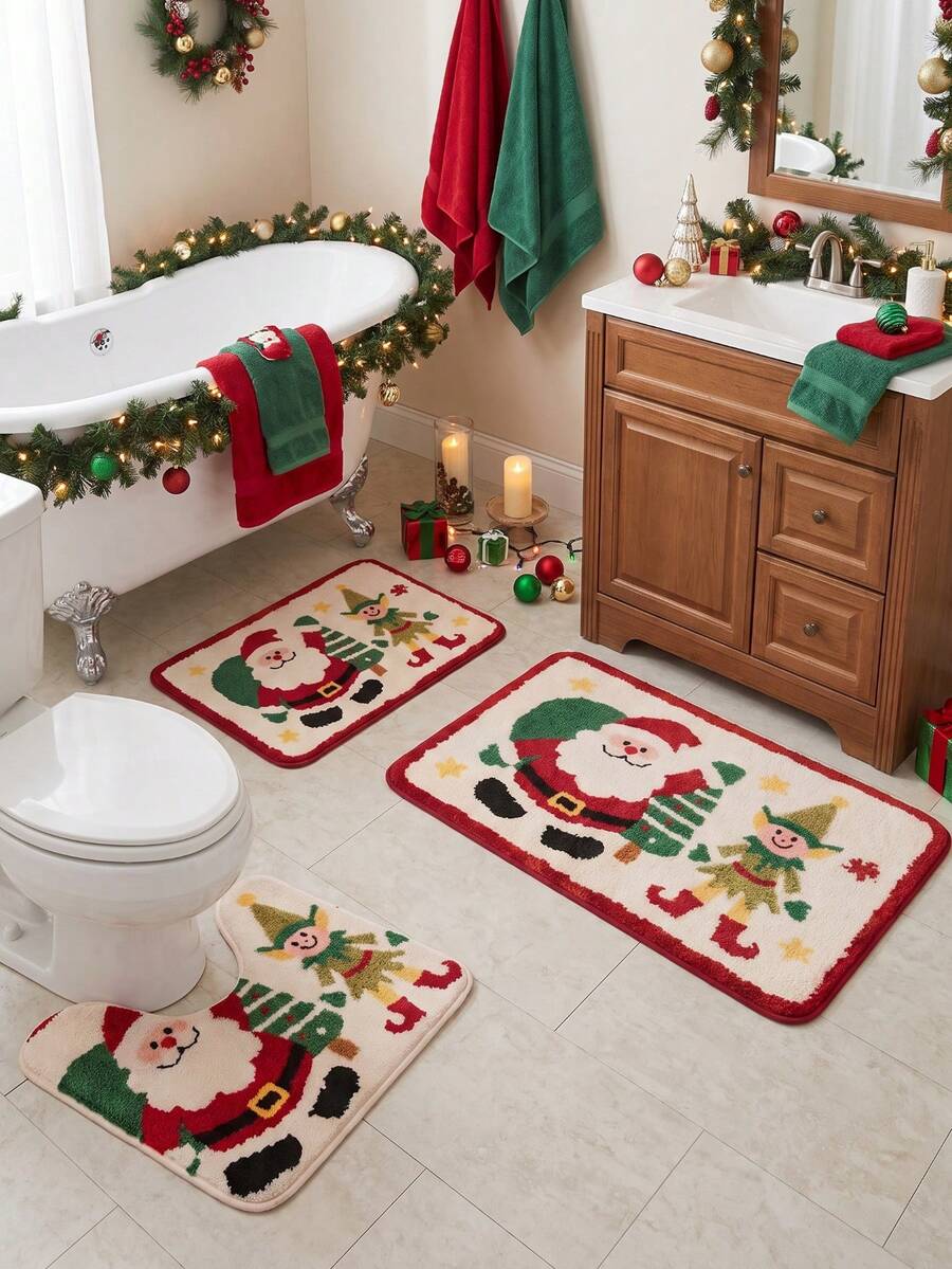 1pc/3pcs Christmas Series Santa Claus Pattern Bathroom Rug Set, Velvet Material, Kitchen Bathroom Bedroom Washable Floor Carpet Decor, Christmas Decoration, Set Includes Bath Mat, U-Shaped Contour Mat And Vanity Mat - A - View 1