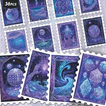 36PCS Mystical Galaxy Stickers, Vintage Frame Art Of Planets, Ocean Waves And Sacred Totems. Purple And Blue Gradient Tone, Decorative Ephemera For Journals, Diaries And Laptops - Stamp - View 2