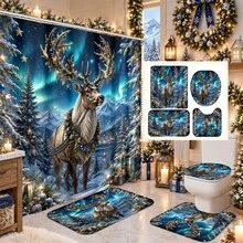 1pc/4pcs Aurora Deer Pattern Multi-Function Bathroom Decor Shower Curtain Set, Free 12 Hooks, Premium Holiday Atmosphere, Bathroom Mat, U-Shaped Floor Mat And Round Toilet Lid Cover, Suitable For All Occasions Decoration, Bathroom Set - Aurora Reindeer - View 1