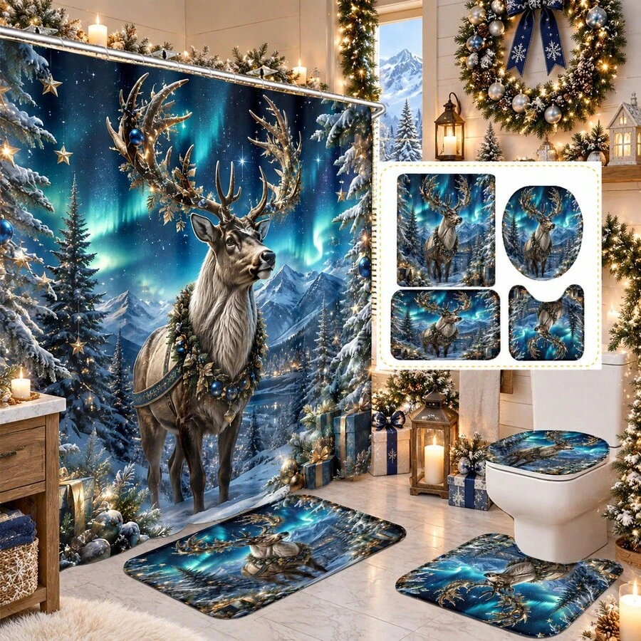 1pc/4pcs Aurora Deer Pattern Multi-Function Bathroom Decor Shower Curtain Set, Free 12 Hooks, Premium Holiday Atmosphere, Bathroom Mat, U-Shaped Floor Mat And Round Toilet Lid Cover, Suitable For All Occasions Decoration, Bathroom Set - Aurora Reindeer - View 1