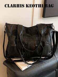 Tote Bag With Detachable Long Shoulder Strap For Shoulder, Crossbody And Hand Carry, Large Capacity With Multiple Compartments For Storage, Zipper Closure, Vintage Distressed Casual Style, Suitable For Commuting, Travel And Short Trips, Black Textured Tote Bag, Versatile Practical Multi-Pocket Women's Travel Bag - Black - View 9