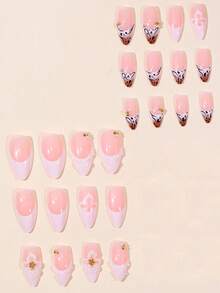 Fall/Winter Collection24 Pieces Of Almond-Shaped Press-On Artificial Nails, Featuring A White Leopard Print French 3D Three-Dimensional Sweet Flower With Steel Bead And Pearl Design, Containing 1 Piece Of Jelly Glue + 1 Scraper Bar - Multicolor - View 3