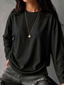 Women's Solid Color Crew Neck Long Sleeve T-Shirt, Casual Autumn Regular Fit Top - Black - View 5