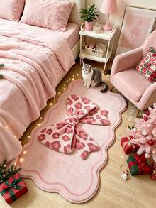 1pc Pink Bow Decorative Rug, Thickened Carpet, Plush Rug, Autumn/Winter Rug, Decorative Rug, Bedroom Decor, Small Rug, Home Decor, Living Room Rug, Living Room Small Rug, Bedroom Rug, Living Room Home Decor, Outdoor Rug, Washable Rug - Multicolor - View 3