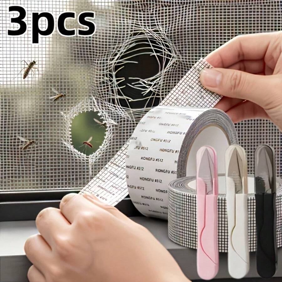 3PCS 157.48-Inch Long Mosquito Net Repair Tape(2rolls Of Tape+1pc Of Random Color Scissors) -Suitable For Repairing Damaged Windows And Curtains In Dormitories As Well As Waterproof NetPatchesForDoorsWindowsAndScreens-Self-AdhesiveWindowRepairNetTape