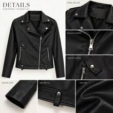 Men's Drawstring Hooded Faux Leather Bomber Jacket, Zip Up Long Sleeve Casual Street Outerwear - Black - View 6
