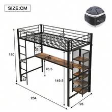 سرير علوي، سرير حديدي، حديد + MDF، مع مكتب ووحدة رفوف متعددة مستويات التخزين، مزود بشبكة معدنية وحواجز قوية وسلم، أسود + لون خشب داكن، 90x200cm - أسود + جوز داكن - مشاهدة 2