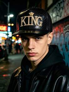 1pc Unisex KING Crown Metal Decor PU Leather Flat Brim Baseball Cap, Large Head Circumference, Street Style Party Baseball Cap, Hip Hop Hat, Halloween Costume Decor Hat, Trucker Hat - A - View 8