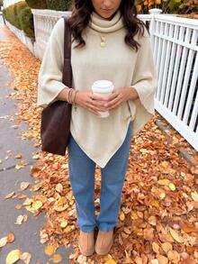 FOR BEAUTY Fall Winter Y2K Elegant Casual Beige Knit Poncho Sweater Women Asymmetric Top Going Out Party Vacation Concert Outfits - Apricot - View 3