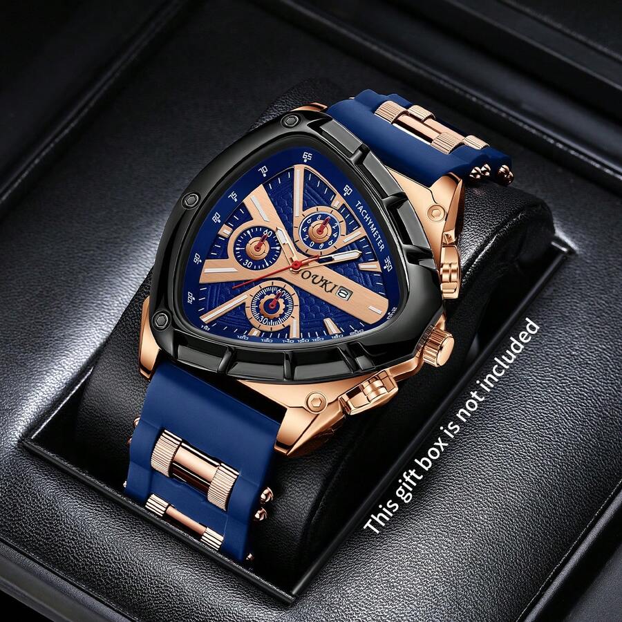 Men's Silicone Triangle Quartz Watch, Sport Three-Eye Digital Scale Calendar Large Dial Wristwatch, Gift For Boyfriend (1pc/Set) Watch Box Not Included - Blue - View 1