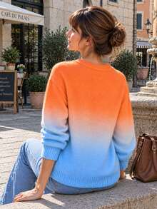 Women's Elegant Gradient Crew Neck Pullover Sweater, Ribbed Knit Detail, Medium Stretch, Suitable For Autumn/Winter Daily Wear - Orange - View 4