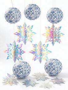 9pcs Blue And White Chinese Style Paper Lanterns With Porcelain Pattern, Laser Snowflake Hanging Decoration Set, 3D Holographic Snowflake Pendant Decor For Winter Christmas New Year Wedding Birthday Party Backdrop - Blue and White Porcelain Snowflake Ornament Set - View 3