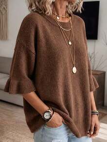 Women's Plus Size Brown Knit Pullover Sweater, Ruffle Trim Three Quarter Sleeve, Round Neck With Ribbed Hem, Comfortable Autumn Winter Style - Brown - View 5