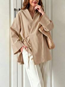 Women's Autumn New Minimalist Long Sleeve Tie-Front Shacket, Suitable For All Seasons Spring - Khaki - View 5