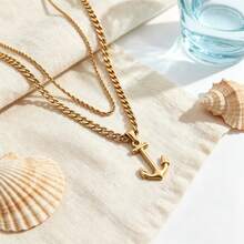 2pcs/Set Vintage Stainless Steel Gold-Plated Twisted Chain & Anchor Necklace, Unisex, Daily Wear, Holiday Wear, Niche Luxury, Fashion Versatile - Yellow Gold - View 4