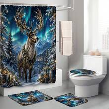 1pc/4pcs Aurora Deer Pattern Multi-Function Bathroom Decor Shower Curtain Set, Free 12 Hooks, Premium Holiday Atmosphere, Bathroom Mat, U-Shaped Floor Mat And Round Toilet Lid Cover, Suitable For All Occasions Decoration, Bathroom Set - Aurora Reindeer - View 9