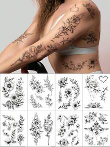 8PCS Dark Style Rose Snake Butterfly Heart Pattern Party Gift Holiday Gift DIY Music Festival Temporary Waterproof Tattoo Stickers For Arm Shoulder Neck Collarbone Back - Black - View 1