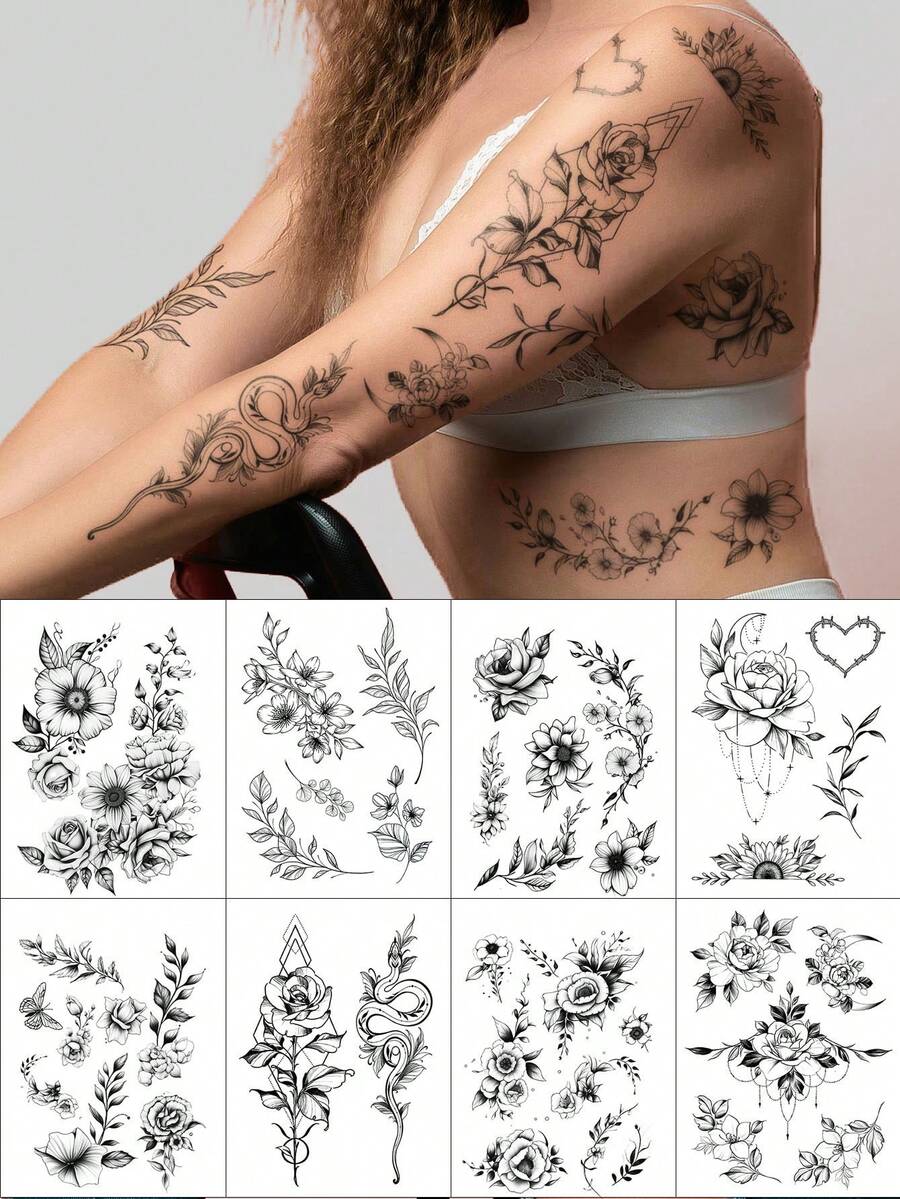 8PCS Dark Style Rose Snake Butterfly Heart Pattern Party Gift Holiday Gift DIY Music Festival Temporary Waterproof Tattoo Stickers For Arm Shoulder Neck Collarbone Back - Black - View 1