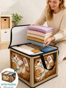 Zippered Storage Box With A Cat Pattern; Features Handles And A Foldable Design. Suitable For Home Organization-Ideal For Storing Clothes, Miscellaneous Items, Cosmetics, Books, And More. Includes A Dust-Proof Lid; Makes A Great Christmas Gift. - Multicolor - View 2
