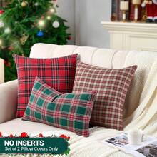 Sarung Bantal Hias Natal Motif Kotak-kotak Tartan Cokelat Vintage, Ukuran 18x18 inci, Set Isi 2 - Sarung Bantal Motif Kotak-kotak Tartan Hijau - View 10