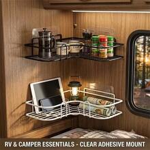 1pc RV Corner Storage Rack, No-Drill Triangle Shelf For Camping Vehicle, Invisible Transparent Adhesive Wall Mount, Travel Trailer Kitchen Guardrail Anti-Fall Iron Mesh Rack - Black/1Pc - View 2