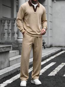 Men's 2 Pieces Casual Business Solid Color Jacket And Pants Set, Versatile Everyday Sporty Outfit - Khaki - View 3