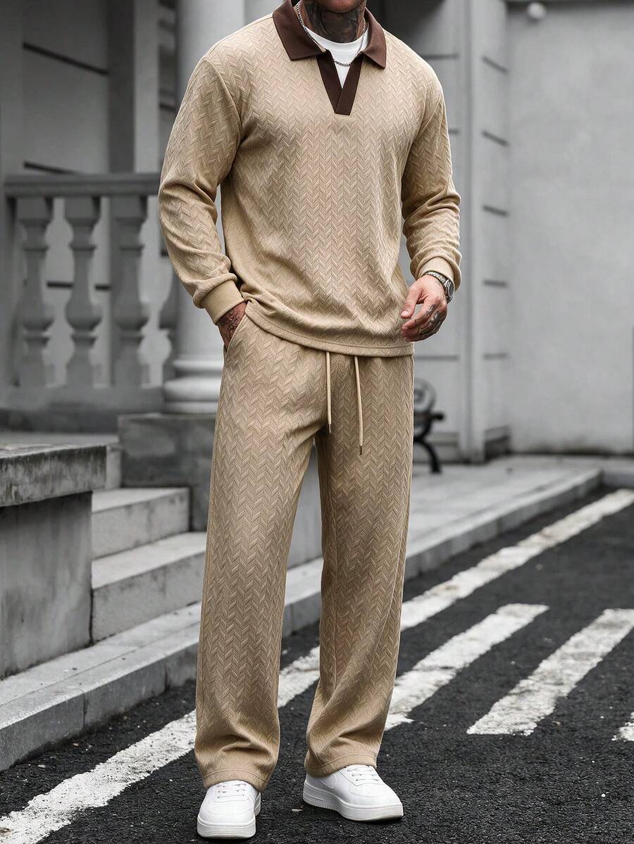 Men's 2 Pieces Casual Business Solid Color Jacket And Pants Set, Versatile Everyday Sporty Outfit - Khaki - View 1