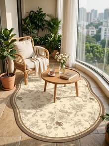 1PC Beige Brown Line Drawing Rose Floral Pattern French Vintage Pastoral Carpet, Elegant Classical Style Faux Cashmere Asymmetrical Wavy Oval Full Coverage White Outline Rose Branches & Vines With Multi-Layer Geometric Border Details Machine Washable Area Rug, Suitable For Living Room Bedroom Balcony, All Season Home Decor - Multicolor - View 2