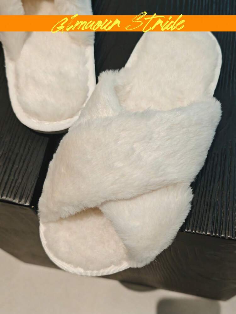 女款毛絨交叉帶保暖輕量居家拖鞋，秋冬款 - 白色 - 查看 7