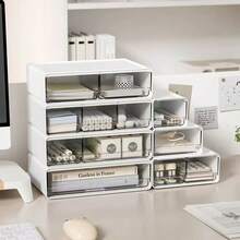 3/2pcs White Plastic Desktop Storage Box With Drawer, Waterproof And Dustproof, Portable Modular Design, Suitable For Storing Notebooks, Pens, Various Stationery, Cosmetics, Etc., Applicable For School Dorms, Offices And Home Desktop Organization, Pencils, Hair Accessories, Desktop Organizer Storage Box - White - View 2