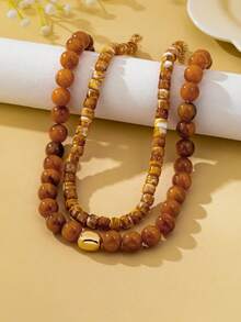 OABE 2pcs/Set Bohemian Style Brown Tone Spherical Beads & Asymmetrical Shaped Beads Necklace Set, Layered Vintage Autumn Outfit Accessory Suitable For Women's Daily Wear - Brown - View 7