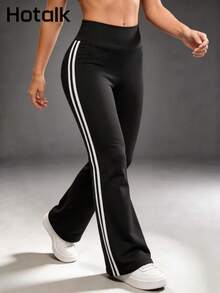 Hotalk Retro 2 White Side Stripes High Waisted Flare Leggings, Tummy Control Sport Bootcut Yoga Pants - Black - View 2