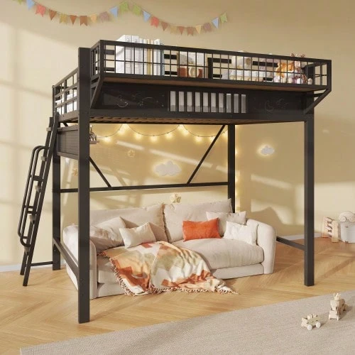 Loft Bed, 140 X 200 Cm, Metal Bed Frame, Storage Compartments, Open Lower Level, Without Mattress, Black - Black + Metal + 140cm*200cm - View 1