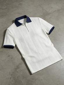Men's Knitted Zip Polo Shirt, Contrast Navy Blue Collar And Cuffs With Textured Jacquard Pattern, Short Sleeve, Suitable For Summer Daily Casual Wear - White - View 1