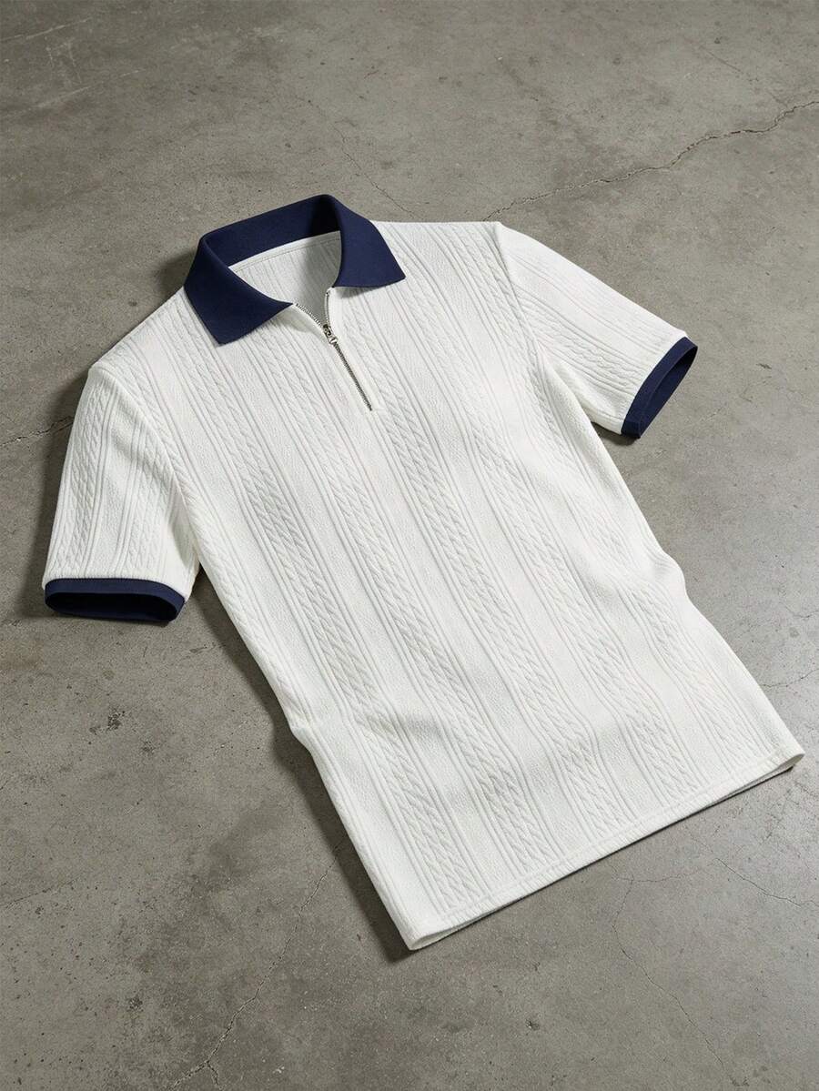 Men's Knitted Zip Polo Shirt, Contrast Navy Blue Collar And Cuffs With Textured Jacquard Pattern, Short Sleeve, Suitable For Summer Daily Casual Wear - White - View 1