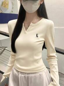 秋冬韓式半開領修身簡約刺繡百搭長袖女款打底上衣 - 杏色 - 查看 2