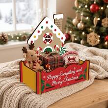 Gingerbread House Pattern Wooden Storage Box, Christmas Decoration Wooden Box Organizer, Open Decorative Storage Container, Desktop Farmhouse Home Decor, Christmas Gift For Family And Friends - Multicolor - View 4