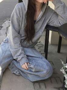 Women's Solid Color Drop Shoulder Long Sleeve Zip-Up Hooded Sweatshirt - Grey - View 5