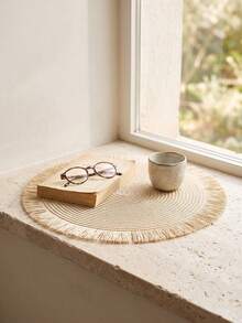 1/2/4/6/12pcs Cream White Woven Placemats, Japanese Rustic Style, Woven Material, Round Shape With Long Tassel Edge Detail, Heat Resistant & Non-Slip, Tabletop Protection & Decorative Function, Tea Mat Suitable For Japanese Tea Ceremony Arrangement And Quiet Home Decor Scenes - Beige - View 10