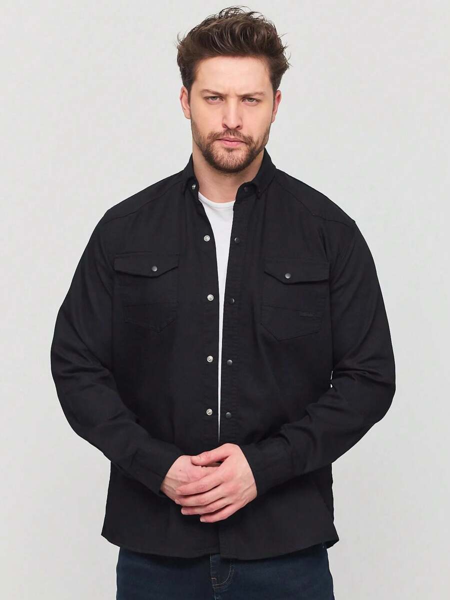 Men's Shirt Slim Fit Men's Khaki Denim Shirt - Black - View 1