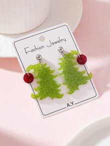 1 Pasang Anting-Anting Perhiasan Fashion Wanita Motif Pohon Natal Holly, Hadiah Sempurna untuk Pesta Liburan - Hijau - View 2