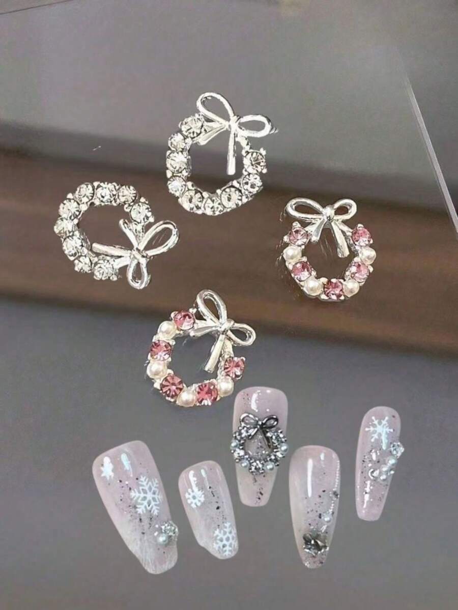 4件組秋季聖誕合金蝴蝶結戒指美甲配件,混色透明水鑽與粉色水鑽珍珠,鏤空花環設計,適用秋冬,DIY指甲裝飾,精緻美觀美甲飾品 - 彩色 - 查看 1
