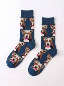 1 Pair Unisex Deep Blue Tongue-Out Dog Pattern Breathable Fun Cute Mid-Calf Socks For Daily Wear - Multicolor - View 6