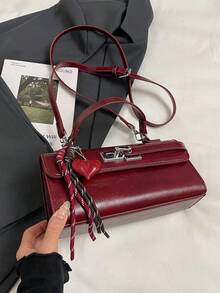 Dedoo 女款斜挎包法棍包，純色無圖案，PU材質，金屬鎖扣，可拆卸肩帶，便攜收納，復古辣妹風，日常通勤約會女款小包，無吊飾 - 酒紅色 - 查看 10