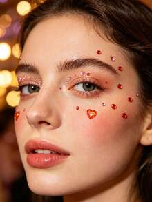 1pc Red Heart & Star Face Rhinestone Sticker, Self-Adhesive Face & Body Rhinestones, Red & Pink Heart Makeup Glitter, Suitable For EDM Festival, Halloween Cosplay, Party DIY Decoration - Multicolor - View 4