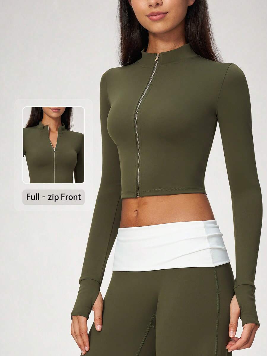 NcmRyu Women's 1pc Solid Color Stand Collar Zipper Thumbhole Cuff Short Jacket Coat, Autumn/Winter - Green - View 1