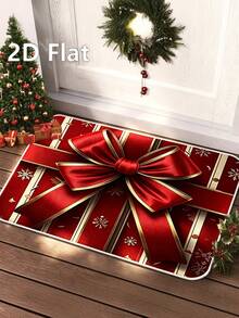 1pc Flat 2D Christmas Theme Bow Pattern Decorative Floor Mat - Suitable For Entrance, Living Room, Bedroom, Kitchen, Office - Holiday Decor, Christmas Decoration, - Red - View 2