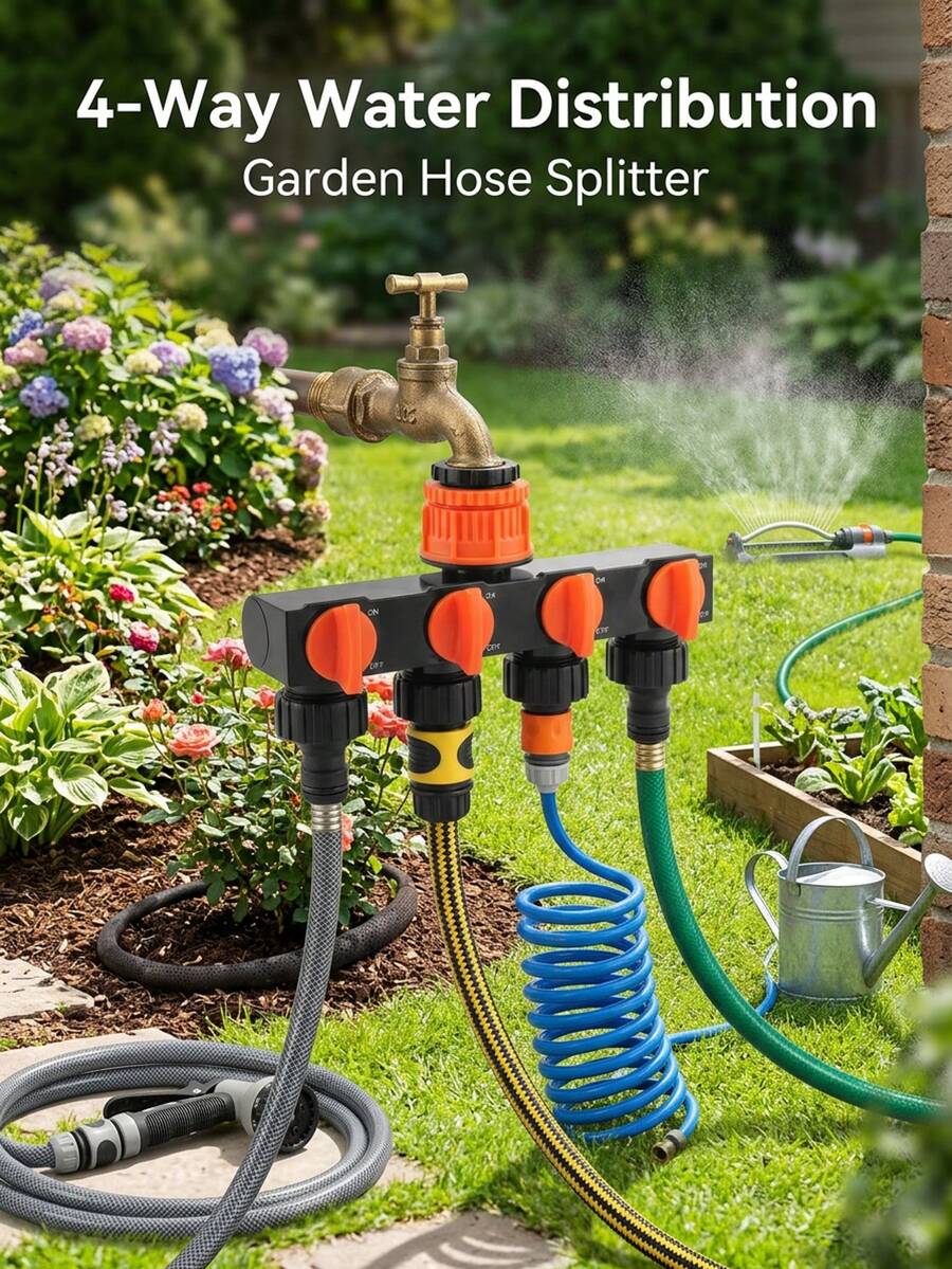 1pc Garden Hose Splitter, 4-Way Spigot Distributor, Anti-Drop With Water Design, Supply For Backyard Lawn, Outdoor RV Accessory, Stylish Gift For Camping Agriculture Landscape Irrigation Connector - View 1