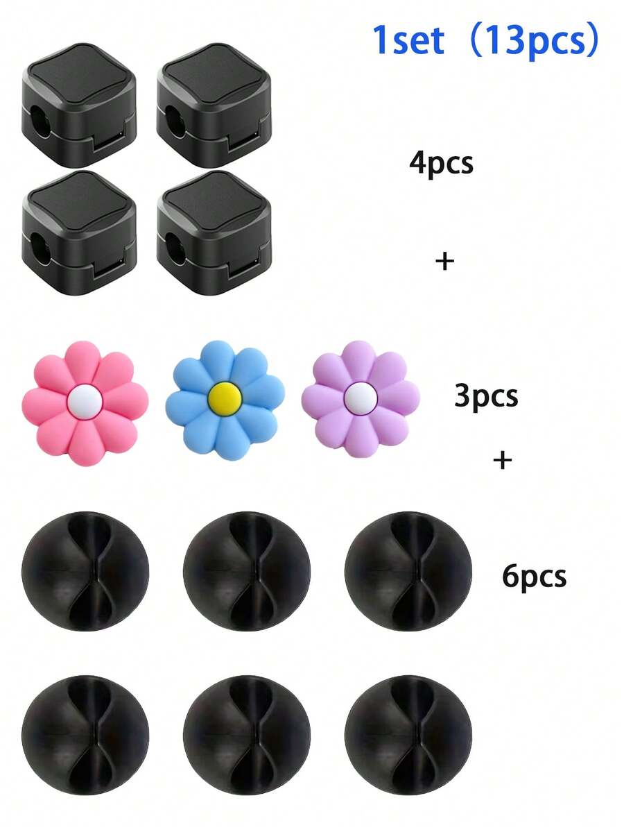 Flower Protective Plastic Cable Clips 13pcs Set | Baby Room Wire Organizer, Square & Round Cable Clamps Combination, Data Cable Power Cord Positioning Storage, Desktop Baby Room Tidy Storage Accessories - Multi-color B - View 1